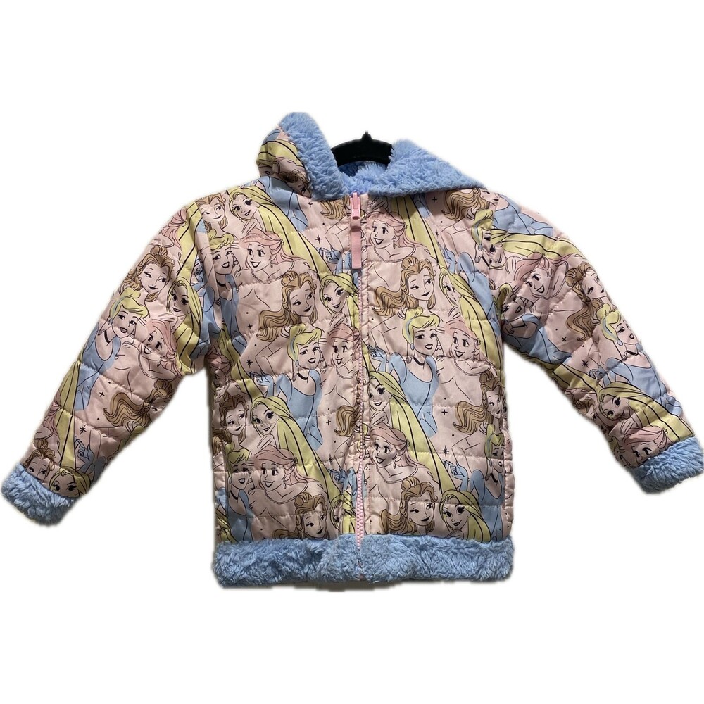Disney Princesses Girls Hooded Reversible Faux Fur Trim Pink Blue Jacket